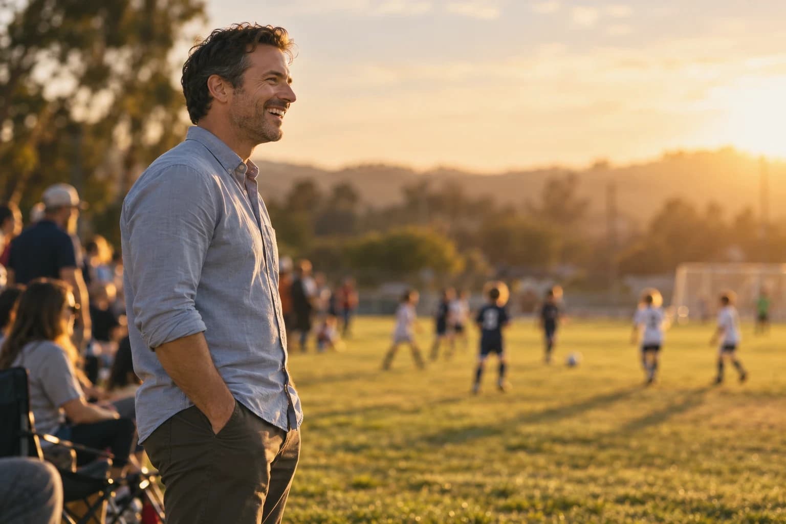 A man in shirtsleeves stands at the edge of a children's soccer game at golden hour, laughing at something off camera, hands in his pockets.